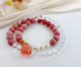 Agate, Rhodochrosite, Treated Clear Quartz and Pearl Double Bracelet