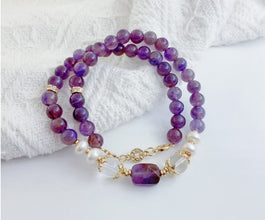 Amethyst, Quartz and Pearl Double Bracelet