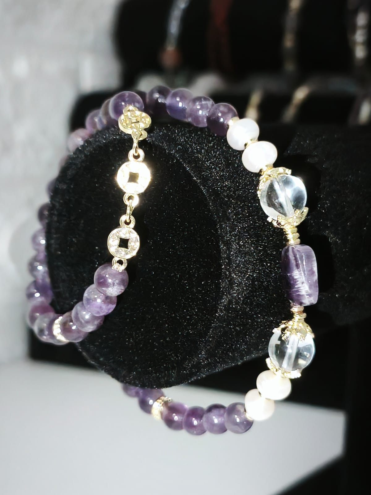 Amethyst, Quartz and Pearl Double Bracelet