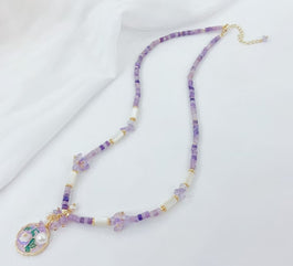 Amethyst, Purple Fluorite, Pearl and Pearl Pendant Necklace