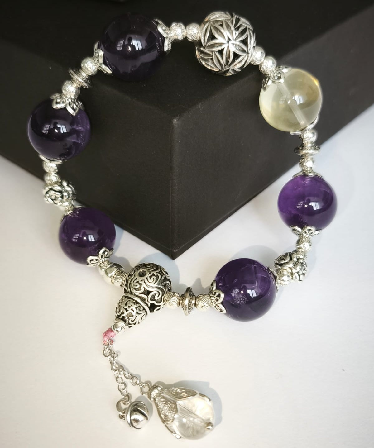 Amethyst (15 mm) and Citrine (15 mm) with Gourd-Shape Ornament and Quartz Pendant Bracelet