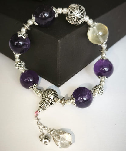Amethyst (15 mm) and Citrine (15 mm) with Gourd-Shape Ornament and Quartz Pendant Bracelet