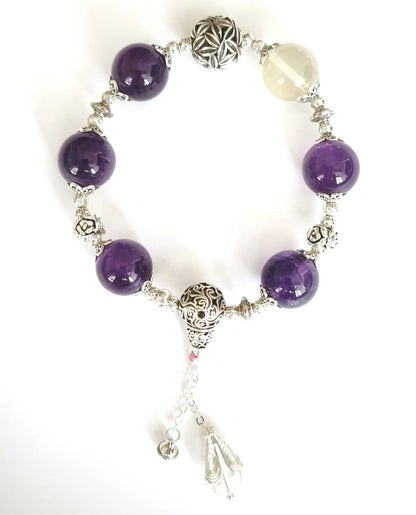 Amethyst (15 mm) and Citrine (15 mm) with Gourd-Shape Ornament and Quartz Pendant Bracelet