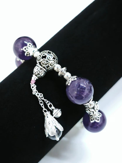 Amethyst (15 mm) and Citrine (15 mm) with Gourd-Shape Ornament and Quartz Pendant Bracelet