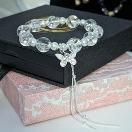 Quartz and Pearls with Butterfly Charm Bracelet