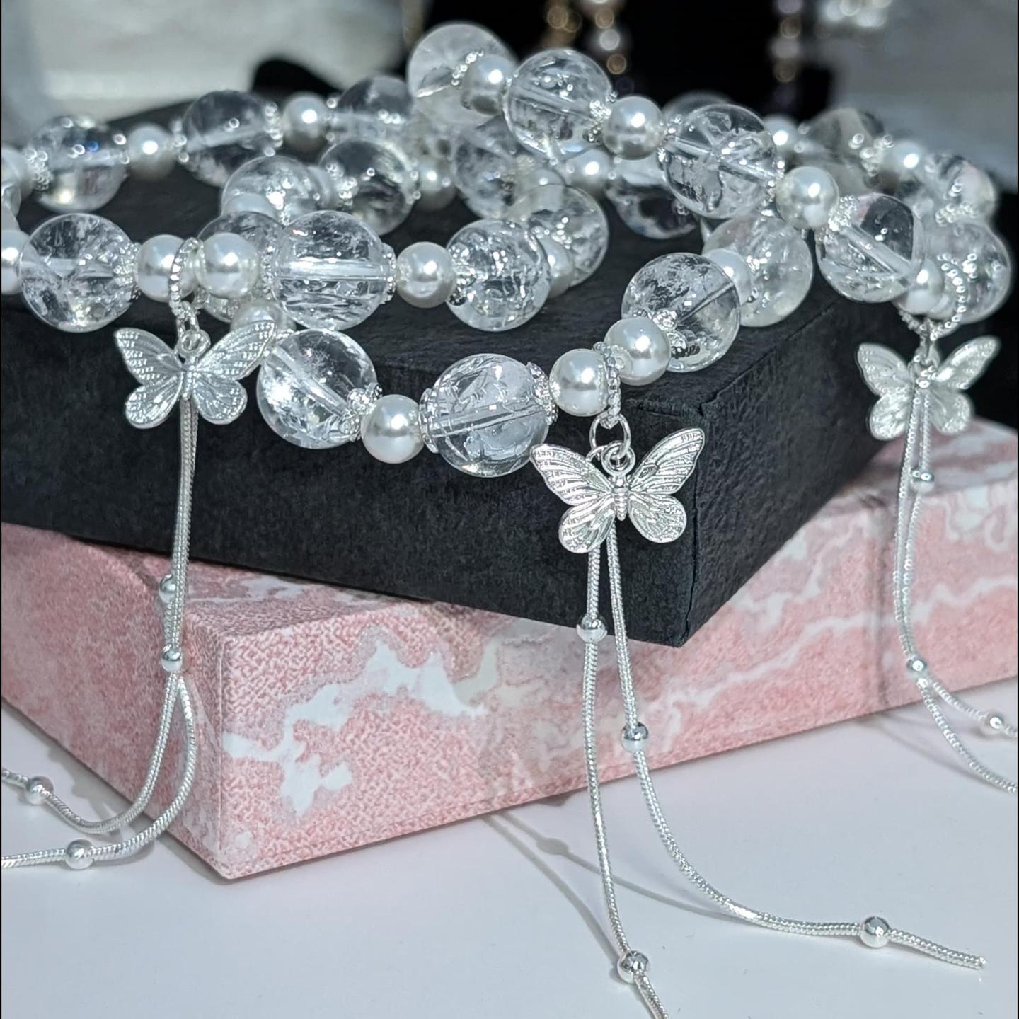 Quartz and Pearls with Butterfly Charm Bracelet