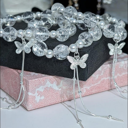 Quartz and Pearls with Butterfly Charm Bracelet