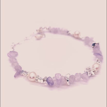 Lavender Amethyst Raw Stones and Pearl Bracelet
