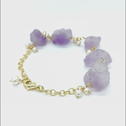 Amethyst Raw Stones and Pearl Adjustable Bracelet